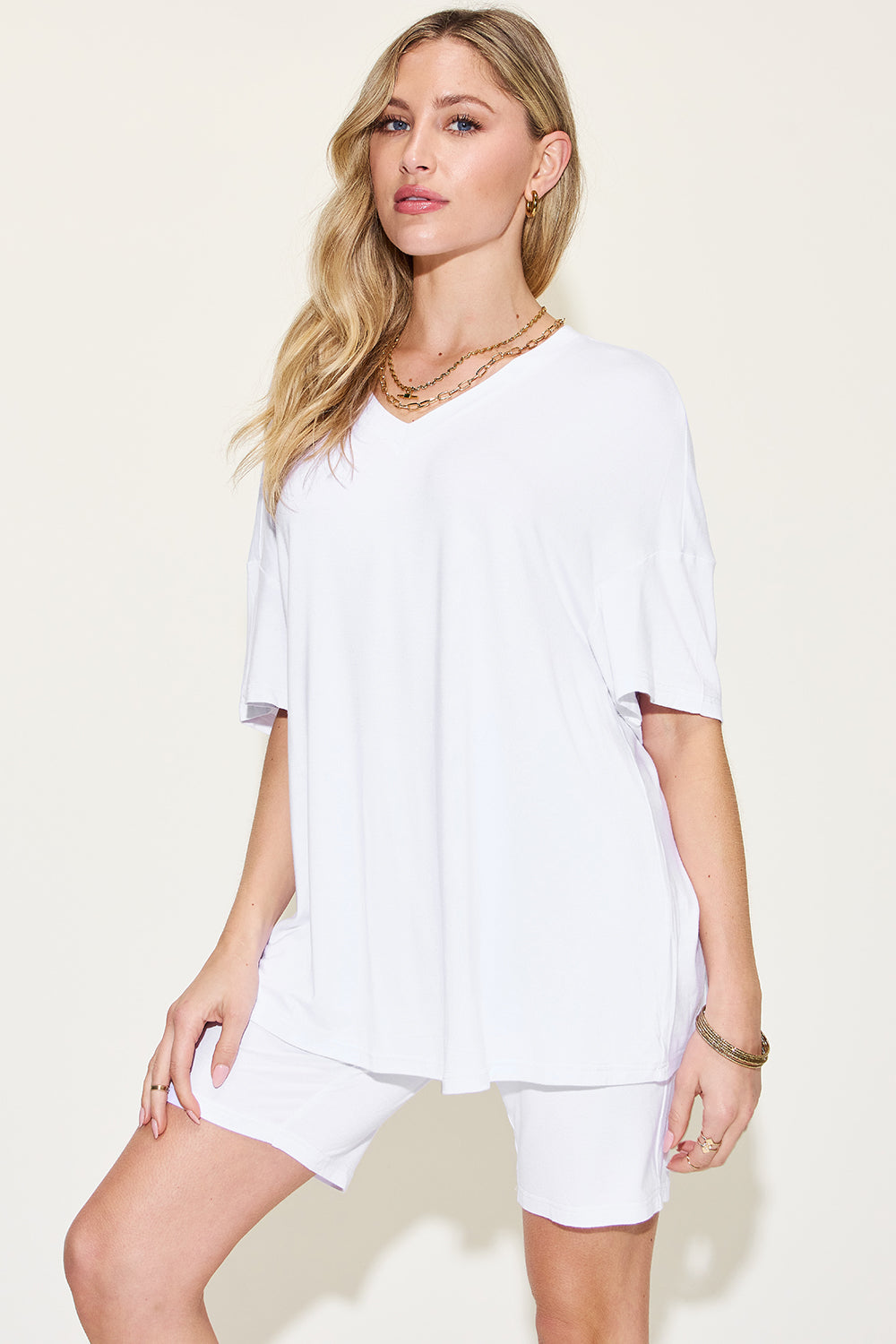 Women's V-Neck Drop Shoulder T-Shirt and Shorts Set