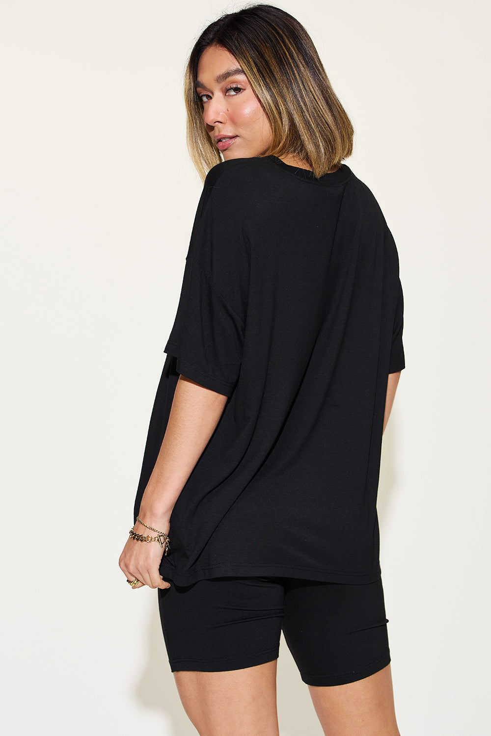 Women's V-Neck Drop Shoulder T-Shirt and Shorts Set