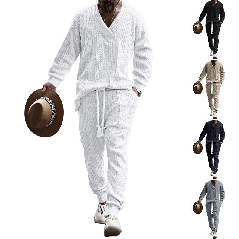 Men's Casual V-neck and Jogger Matching Sweater Set