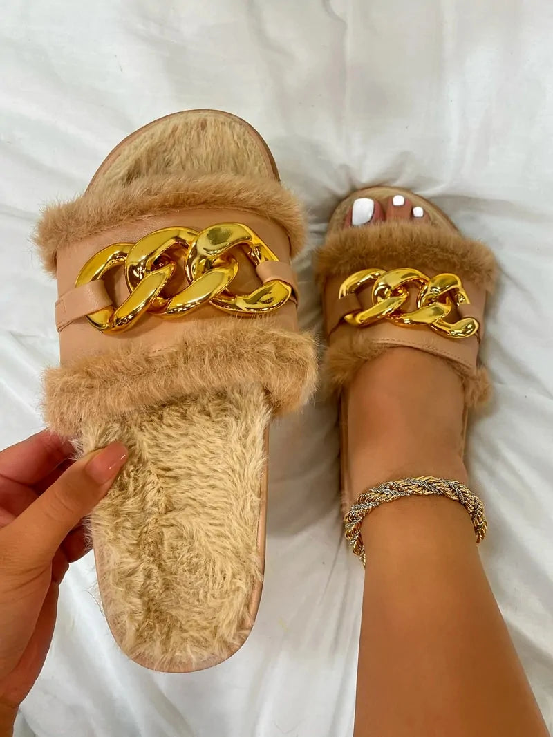 Women's Plush Slide Metal Chain Designer Sandals