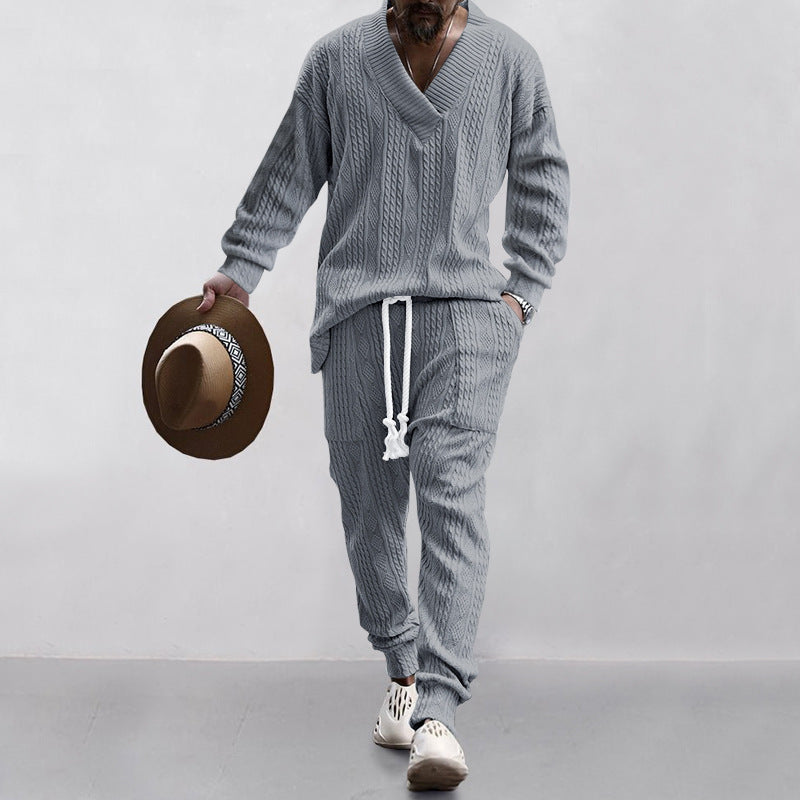 Men's Casual V-neck and Jogger Matching Sweater Set