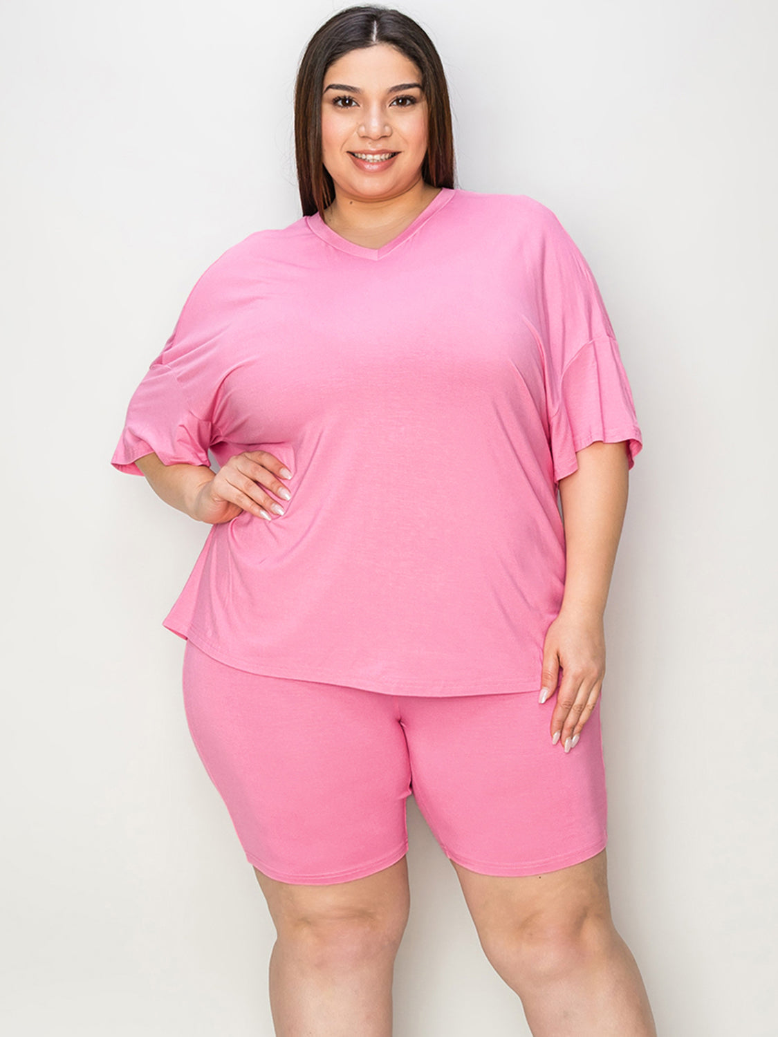 Women's V-Neck Drop Shoulder T-Shirt and Shorts Set