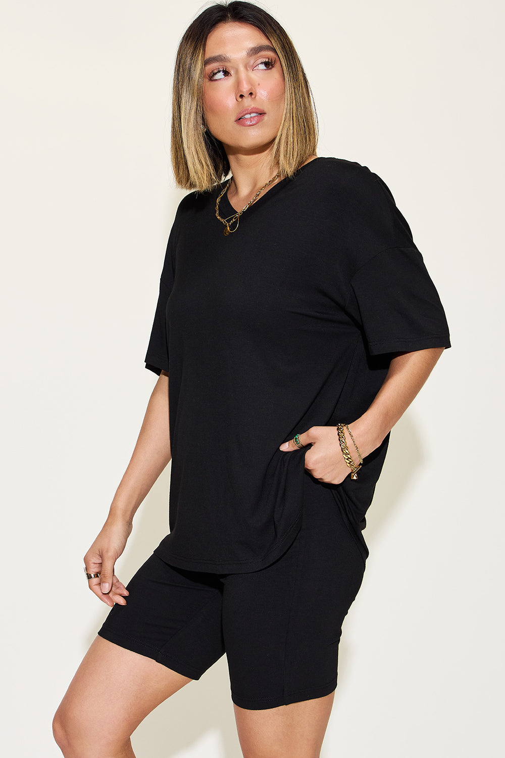 Women's V-Neck Drop Shoulder T-Shirt and Shorts Set