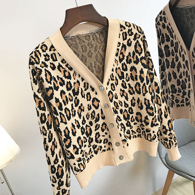 Ladies Leopard V-neck Cardigan