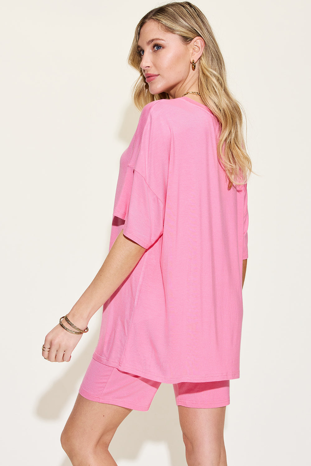 Women's V-Neck Drop Shoulder T-Shirt and Shorts Set