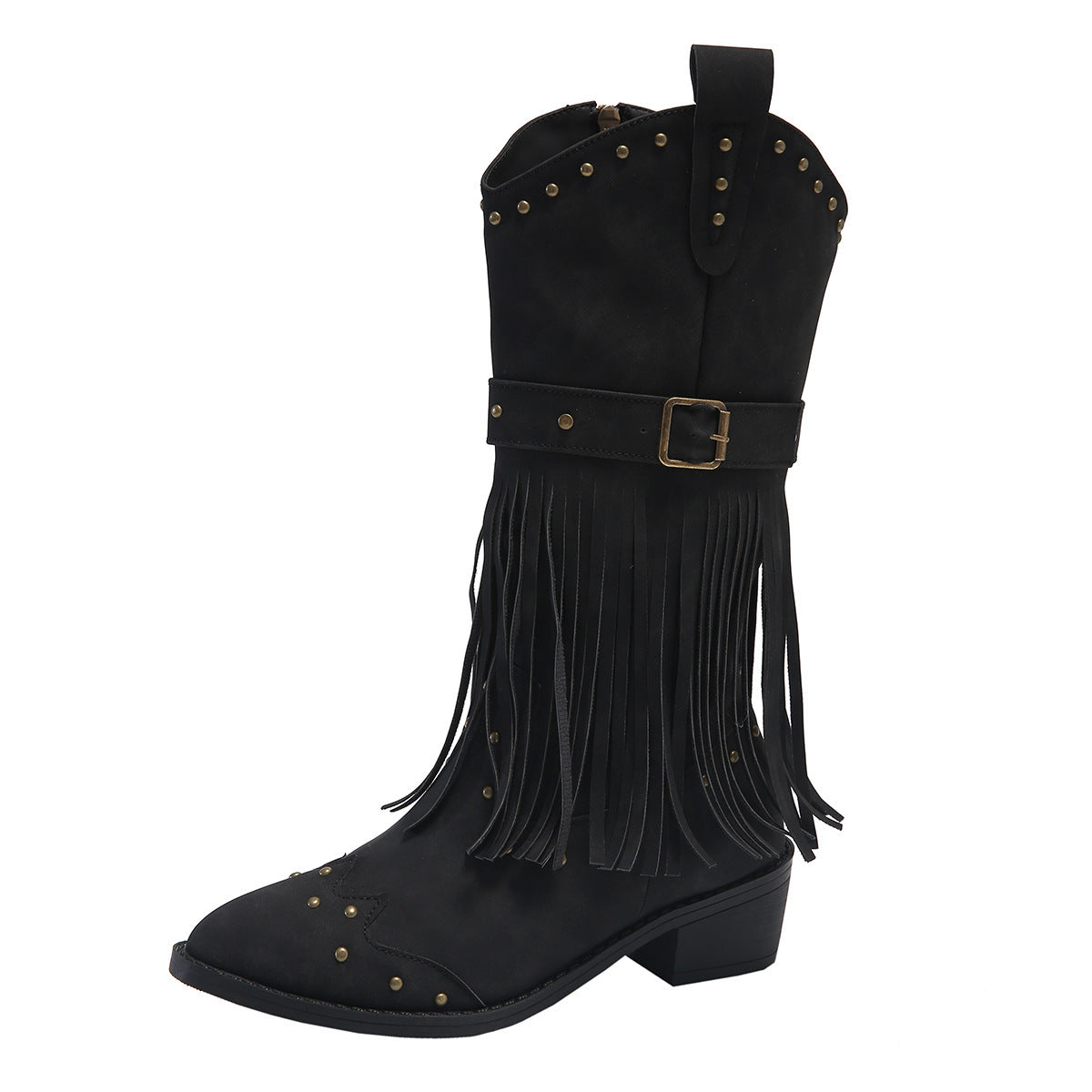 Retro Tassel Boots With Rivet Strap Buckle Design Mid-calf Square Heel Knight Western Boots