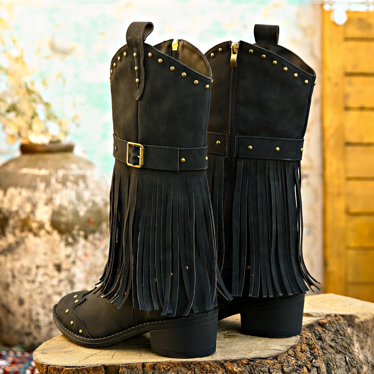 Retro Tassel Boots With Rivet Strap Buckle Design Mid-calf Square Heel Knight Western Boots