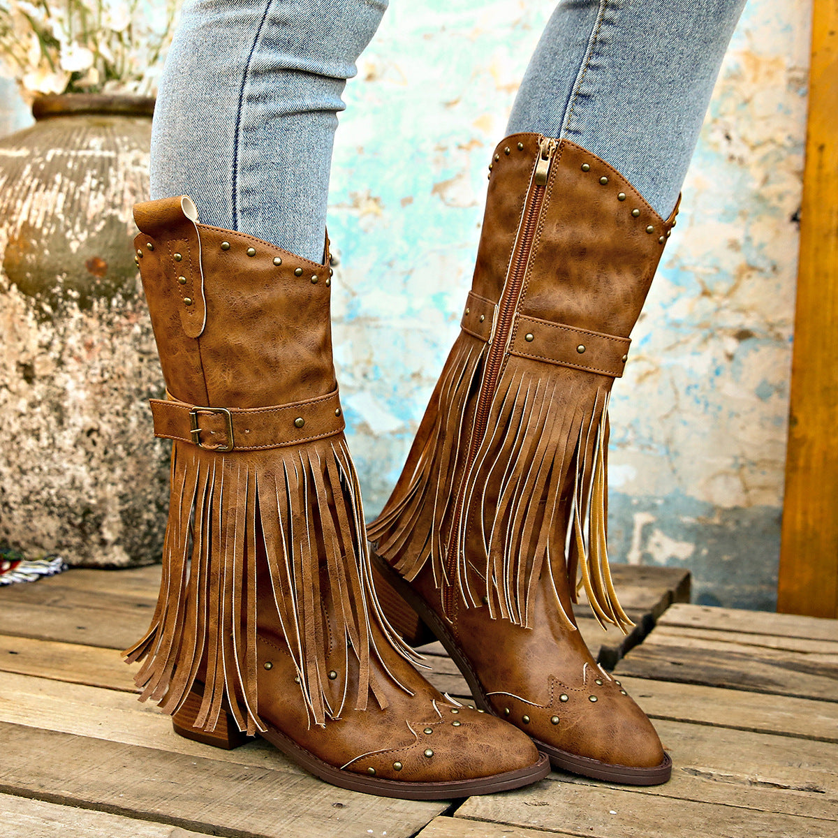 Retro Tassel Boots With Rivet Strap Buckle Design Mid-calf Square Heel Knight Western Boots