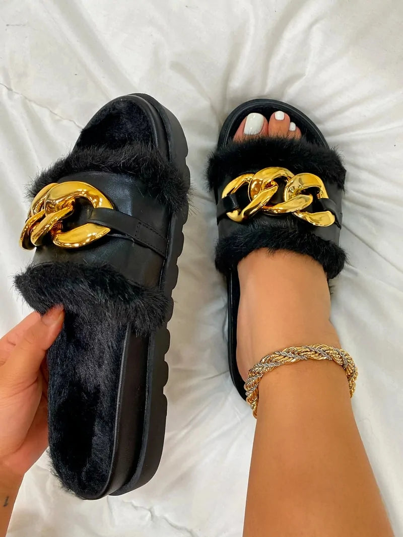 Women's Plush Slide Metal Chain Designer Sandals