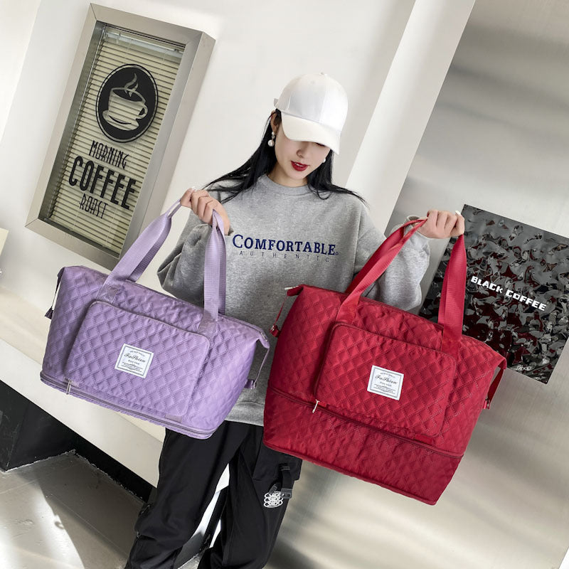 Foldable Travel Bag With Rhombus Sewing Design Large Capacity Handbag Versatile Shoulder Bags Organizer