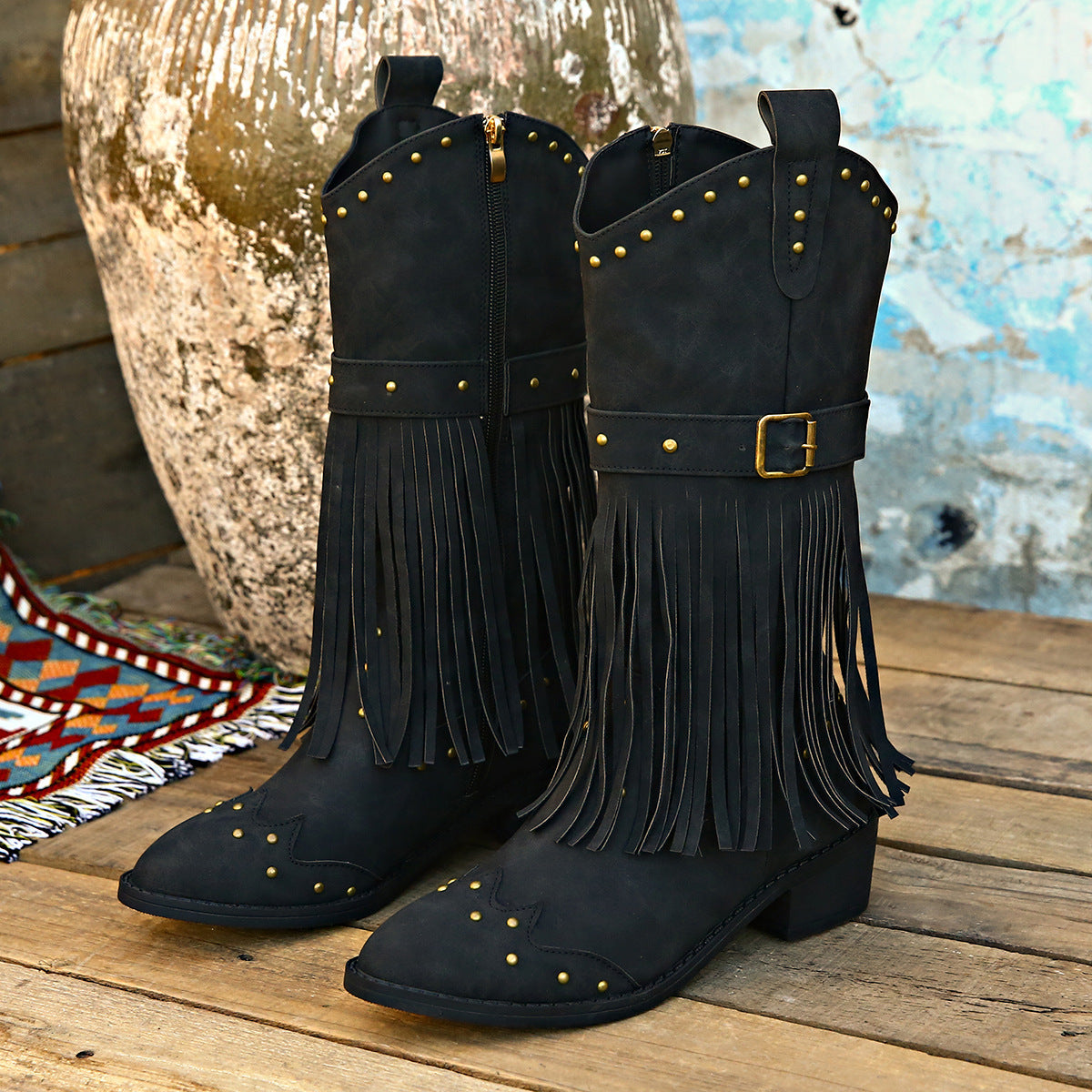 Retro Tassel Boots With Rivet Strap Buckle Design Mid-calf Square Heel Knight Western Boots