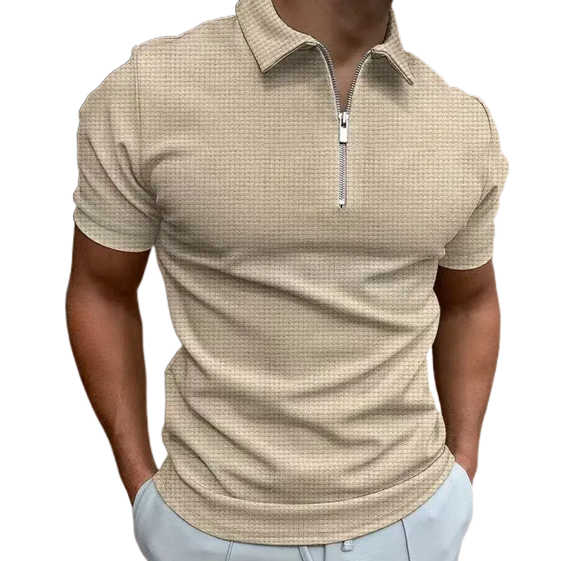 Men's Zipper Waffle Polo Short Sleeve Shirt
