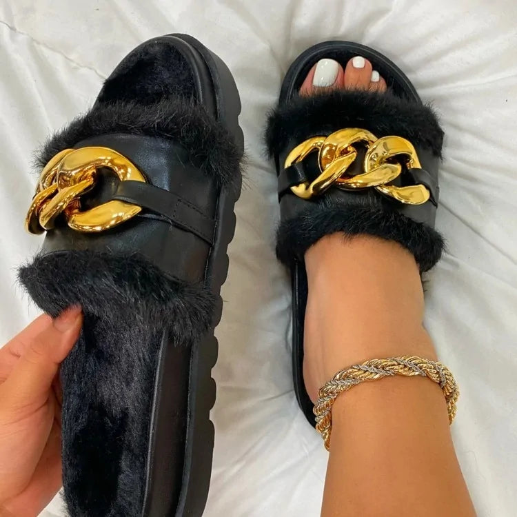 Women's Plush Slide Metal Chain Designer Sandals