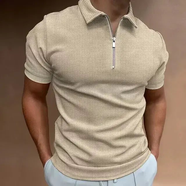 Men's Zipper Waffle Polo Short Sleeve Shirt