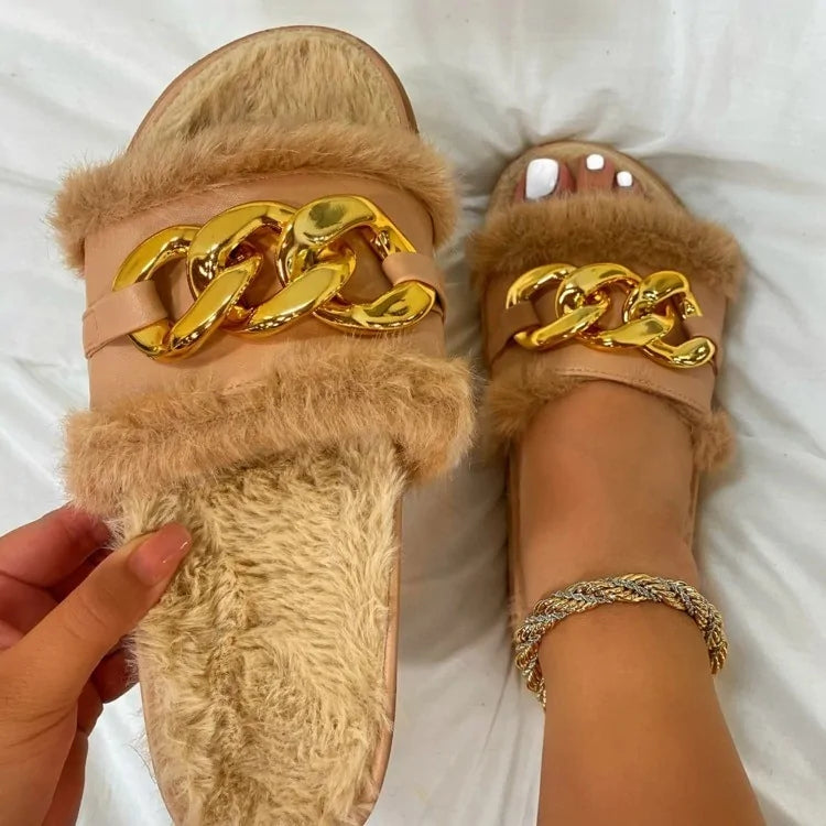 Women's Plush Slide Metal Chain Designer Sandals