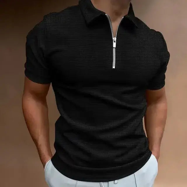 Men's Zipper Waffle Polo Short Sleeve Shirt