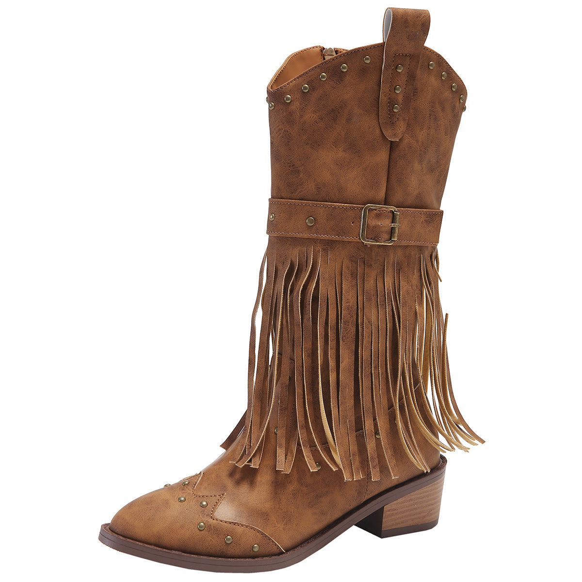 Retro Tassel Boots With Rivet Strap Buckle Design Mid-calf Square Heel Knight Western Boots