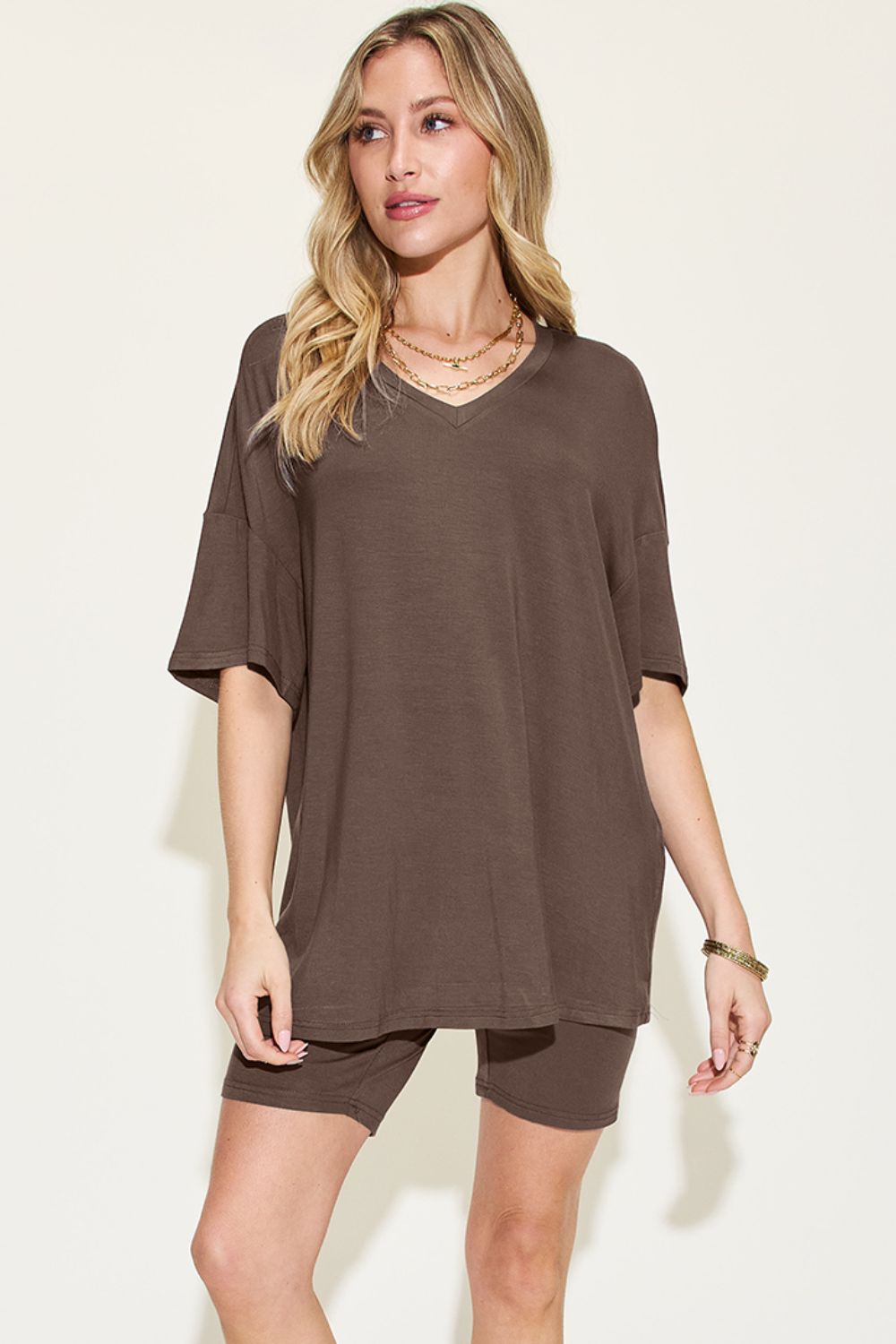 Women's V-Neck Drop Shoulder T-Shirt and Shorts Set