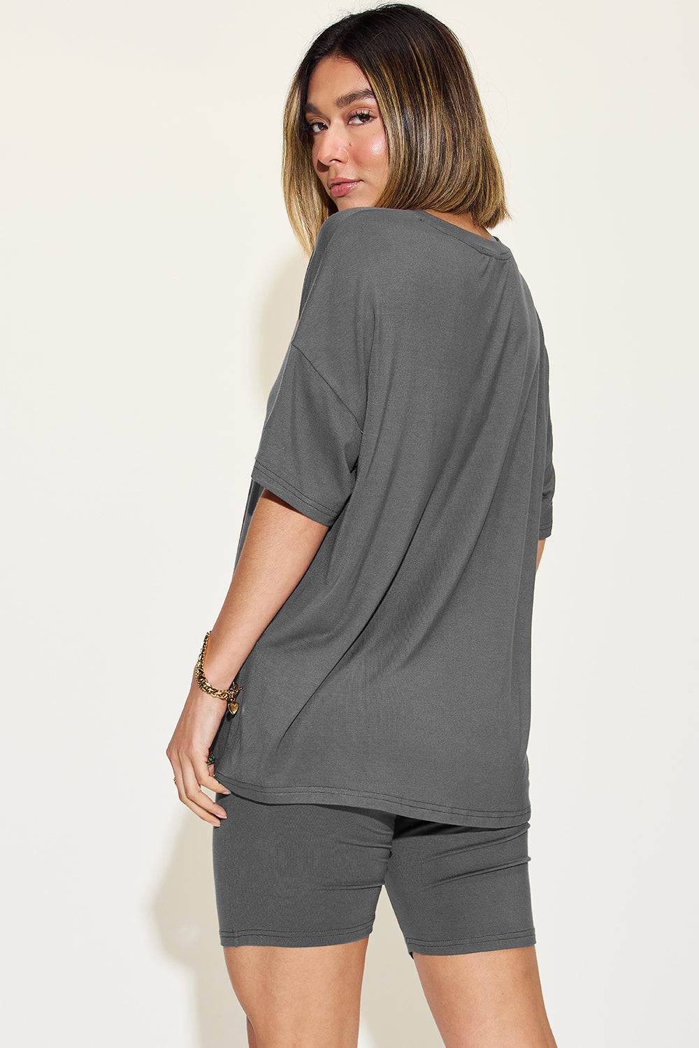 Women's V-Neck Drop Shoulder T-Shirt and Shorts Set