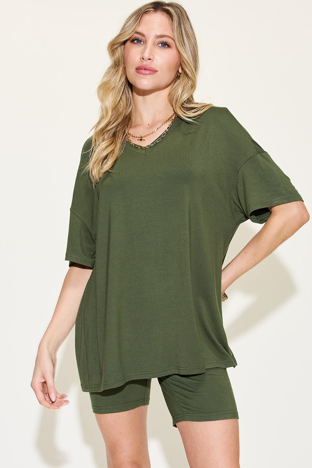 Women's V-Neck Drop Shoulder T-Shirt and Shorts Set
