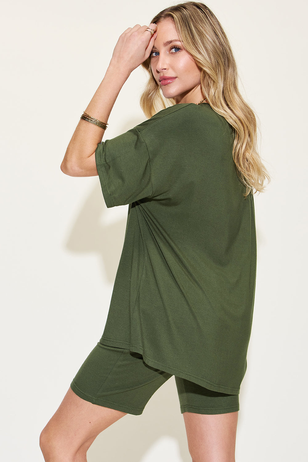 Women's V-Neck Drop Shoulder T-Shirt and Shorts Set
