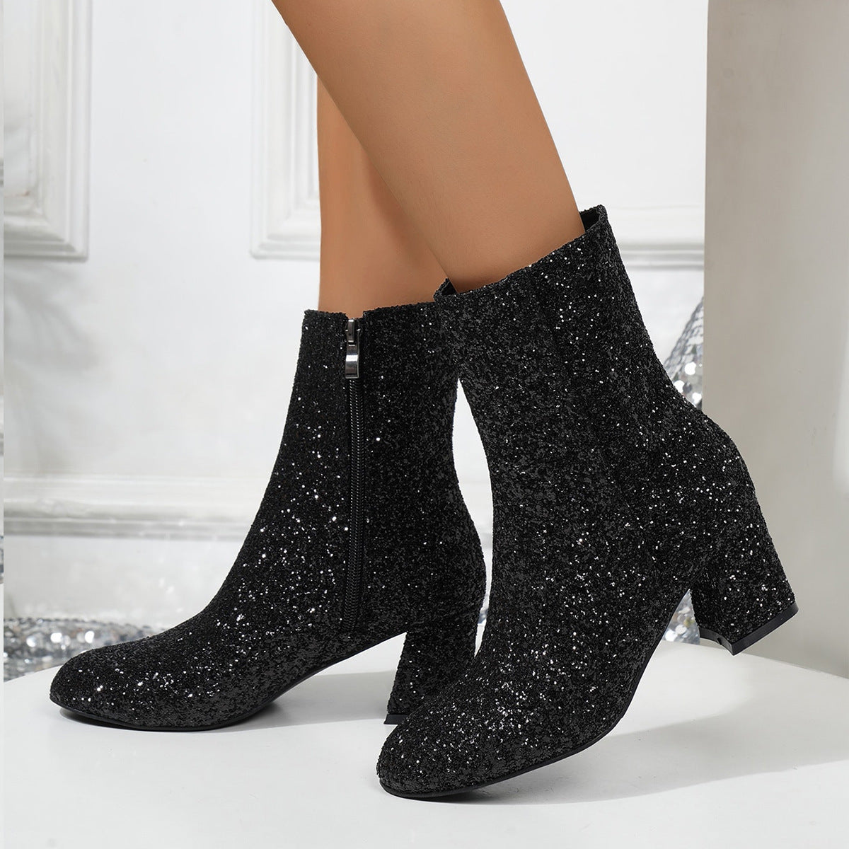 New Fashion Sequin Boots Square Heel Evening Boots