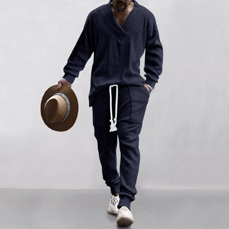 Men's Casual V-neck and Jogger Matching Sweater Set