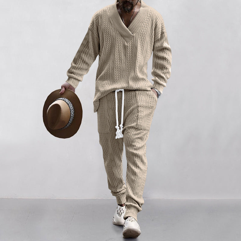 Men's Casual V-neck and Jogger Matching Sweater Set